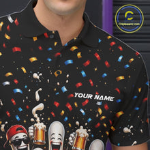 Load image into Gallery viewer, Close-up view of the left chest of a bowling polo shirt featuring funny cartoon bowling balls and animated pins raising frothy beer mugs beneath falling confetti.