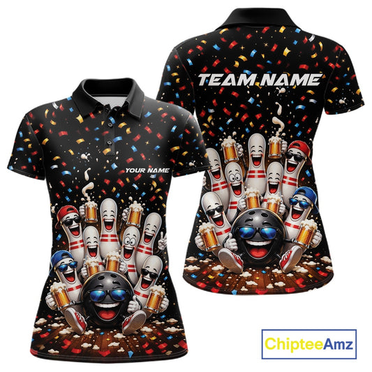 Front and back view of a women's bowling polo shirt mockup featuring funny cartoon bowling balls and animated pins raising frothy beer mugs beneath falling confetti.