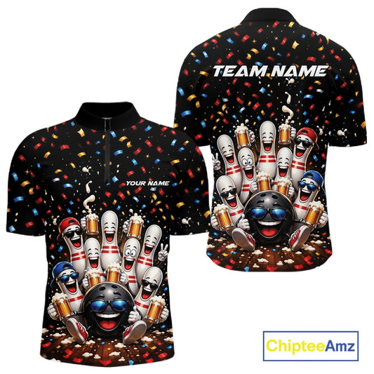 Front and back view of a men's bowling quarter zip shirt mockup featuring funny cartoon bowling balls and animated pins raising frothy beer mugs beneath falling confetti.