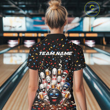Load image into Gallery viewer, Back view of a female model wearing a bowling quarter zip shirt featuring funny cartoon bowling balls and animated pins raising frothy beer mugs beneath falling confetti in a bowling lane.