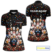 Load image into Gallery viewer, Front and back view of a women's bowling quarter zip mockup showcasing funny cartoon bowling balls and animated pins raising frothy beer mugs beneath falling confetti.