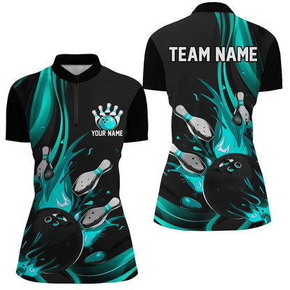 Black And Blue Custom Bowling Uniforms Bowling Shirts For Women, Bowling Team League Shirts IPHW7274