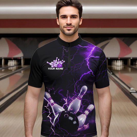 Custom Black And Purple Thunder Lightning Bowling Tournament Quarter-Zip Shirts For Men IPHW8520