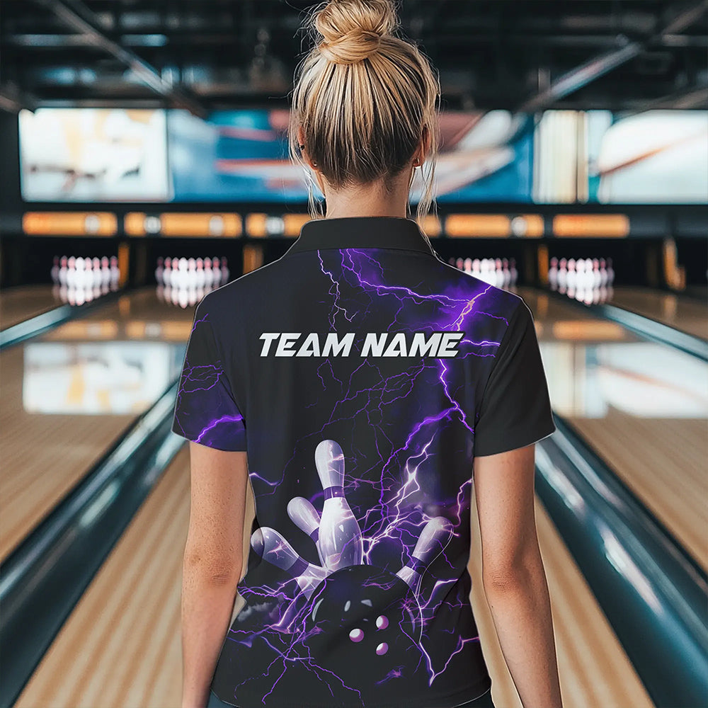 Custom Black And Purple Thunder Lightning Bowling Tournament Quarter-Zip Shirts For Women IPHW8520