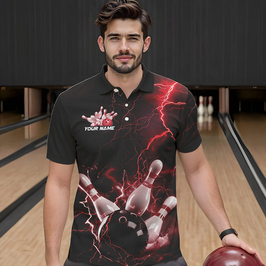 Custom Black And Red Thunder Lightning Bowling Tournament Polo Shirts For Men IPHW8521