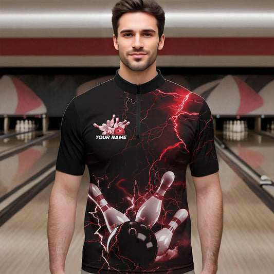 Custom Black And Red Thunder Lightning Bowling Tournament Quarter-Zip Shirts For Men IPHW8521