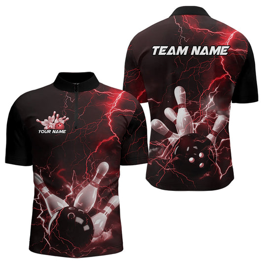 Custom Black And Red Thunder Lightning Bowling Tournament Quarter-Zip Shirts For Men IPHW8521