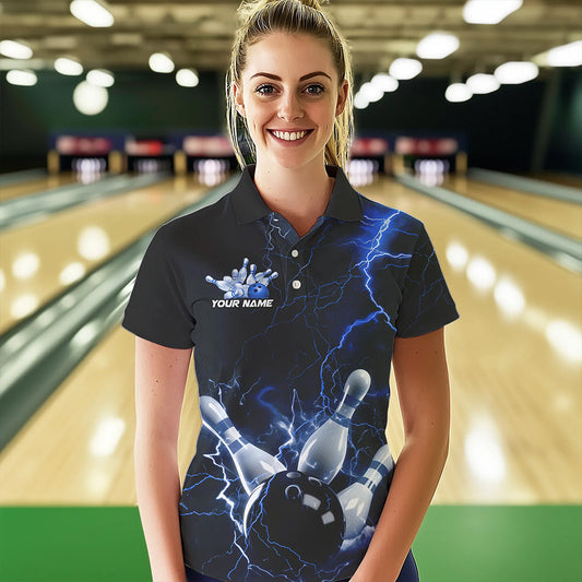 Custom Black And Blue Thunder Lightning Bowling Tournament Polo Shirts For Women IPHW8522