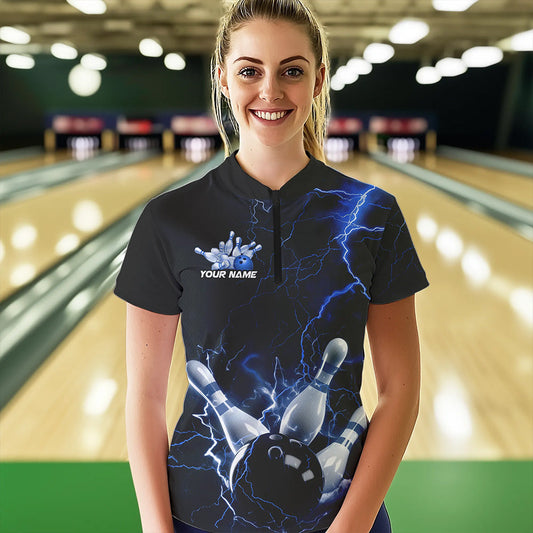 Custom Black And Blue Thunder Lightning Bowling Tournament Quarter-Zip Shirts For Women IPHW8522
