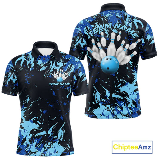 Custom Blue Camo Men Bowling League Shirt, Bowlers Jerseys Bowling Tournament Outfit IPHW10617