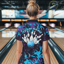 Load image into Gallery viewer, Custom Blue And Purple Camo Women Bowling League Shirt, Bowlers Jerseys Tournament Outfit IPHW10618