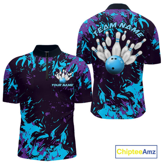 Custom Blue And Purple Camo Men Bowling League Shirt, Bowlers Jerseys Tournament Outfit IPHW10618