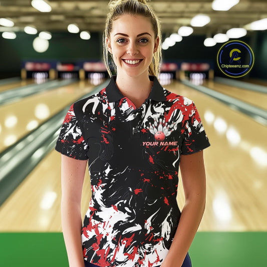 Custom Black, Red And White Camo Women Bowling League Shirt, Bowlers Jerseys Outfits IPHW10619