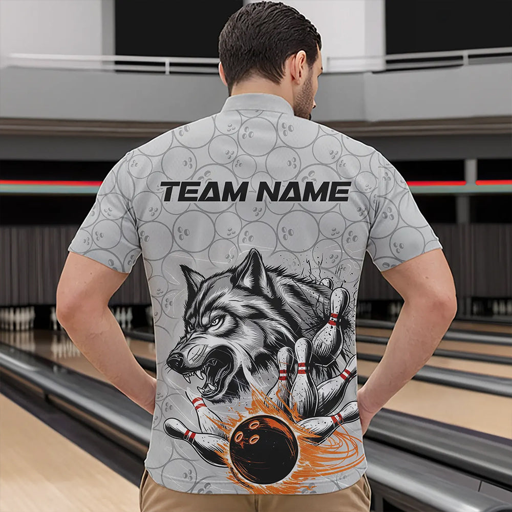 Custom Gray And Red Wolf Bowling Quarter-Zip Shirts For Men, Wolf Bowling Tournament Shirt IPHW8717