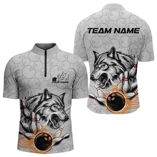Custom Gray And Red Wolf Bowling Quarter-Zip Shirts For Men, Wolf Bowling Tournament Shirt IPHW8717