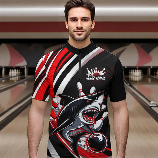 Custom Black And Red Shark Bowling Quarter-Zip Shirts For Men,  Shark Bowling Team Jerseys IPHW8722