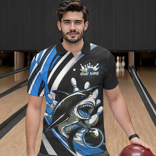 Custom Black And Blue Shark Bowling Polo Shirts For Men,  Shark Bowling Team Jerseys IPHW8724