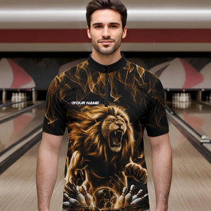 Custom Black And Yellow Flame Lion Bowling Men Quarter-Zip Shirts, Lion Bowling Team Uniform IPHW8984