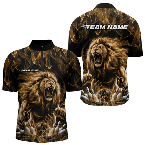 Custom Black And Yellow Flame Lion Bowling Men Quarter-Zip Shirts, Lion Bowling Team Uniform IPHW8984