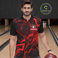 Load image into Gallery viewer, Male model wearing a bowling polo at the bowling lane featuring black and red cracked geometric artwork.
