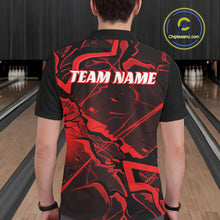 Load image into Gallery viewer, Back view of a mens bowling polo showcasing black and red angular pattern graphics.