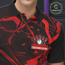 Load image into Gallery viewer, Close-up left chest view of a bowling polo with black and red cracked geometric line details.