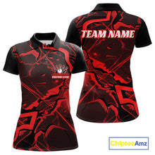 Load image into Gallery viewer, Front and back womens black and red bowling polo featuring a cracked geometric pattern with angular accents.