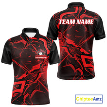 Load image into Gallery viewer, Front and back mens bowling polo with black and red cracked geometric graphics and futuristic angular lines.