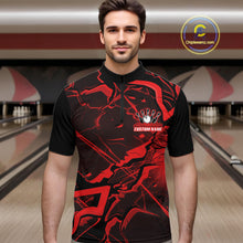 Load image into Gallery viewer, Male model in a bowling alley wearing a black and red quarter-zip with futuristic geometric artwork.