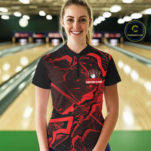 Load image into Gallery viewer, Female model wearing a black and red bowling quarter-zip at the bowling alley with angular geometric graphics.