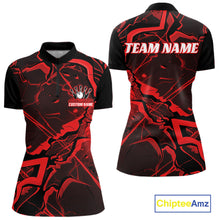 Load image into Gallery viewer, Front and back womens bowling quarter-zip featuring a black and red cracked geometric pattern with futuristic design accents.