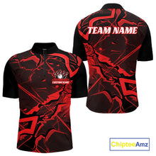 Load image into Gallery viewer, Front and back mens black and red bowling quarter-zip featuring a cracked geometric pattern with angular lines.