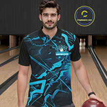 Load image into Gallery viewer, Male model in a bowling center wearing a bowling polo with black and blue angular geometric graphics.