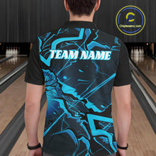 Load image into Gallery viewer, Back view of a mens bowling polo displaying black and blue cracked linework and sharp accents.