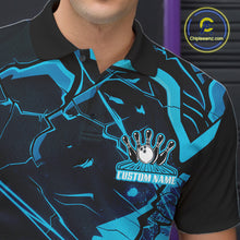 Load image into Gallery viewer, Left chest detail of a bowling polo featuring black and blue cracked geometric pattern artwork.