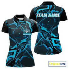 Load image into Gallery viewer, Front and back womens black and blue bowling polo featuring cracked geometric artwork with sharp futuristic lines.