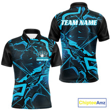 Load image into Gallery viewer, Front and back mens bowling polo featuring black and blue cracked geometric pattern with futuristic styling.