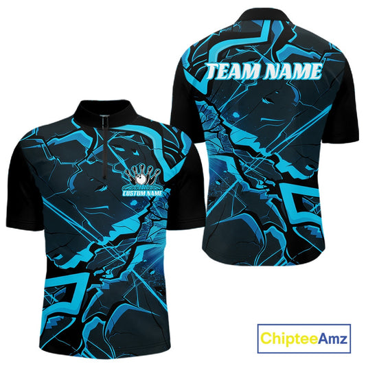 Front and back mens black and blue bowling quarter-zip featuring a futuristic cracked geometric pattern.