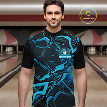Load image into Gallery viewer, Male model wearing a black and blue quarter-zip at the bowling lane with angular geometric graphics.