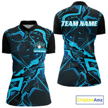 Load image into Gallery viewer, Front and back views of a womens black and blue bowling quarter-zip featuring a cracked geometric pattern and angular graphics.