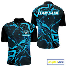 Load image into Gallery viewer, Front and back mens black and blue bowling quarter-zip featuring a futuristic cracked geometric pattern.