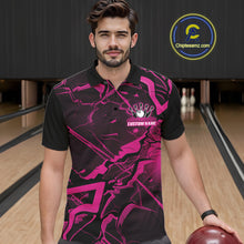 Load image into Gallery viewer, Male model wearing a bowling polo in a bowling alley with black and pink futuristic geometric graphics.