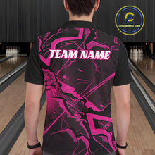 Load image into Gallery viewer, Back view of a mens bowling polo showcasing black and pink cracked geometric artwork.