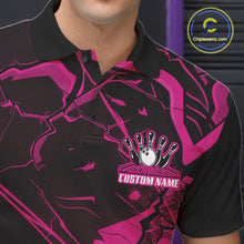 Load image into Gallery viewer, Close-up of the left chest on a bowling polo featuring black and pink angular cracked pattern details.