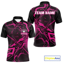Load image into Gallery viewer, Front and back mens bowling polo mockup featuring black and pink cracked geometric pattern with angular accents.