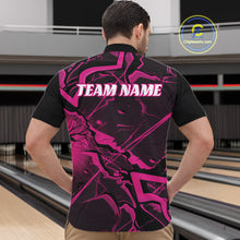 Load image into Gallery viewer, Front view of a mens black and pink bowling quarter-zip displaying cracked geometric linework.