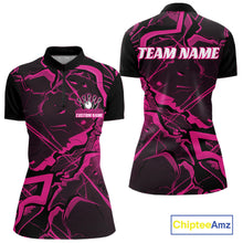 Load image into Gallery viewer, Front and back womens bowling quarter-zip featuring a black and pink cracked geometric pattern with bold futuristic accents.