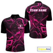 Load image into Gallery viewer, Front and back mens black and pink bowling quarter-zip with a cracked geometric pattern and futuristic accents.