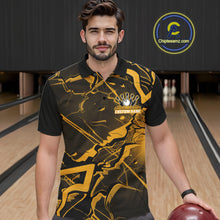 Load image into Gallery viewer, Male model at the bowling lane wearing a bowling polo with black and yellow futuristic geometric artwork.