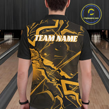 Load image into Gallery viewer, Back view of a mens bowling polo displaying black and yellow cracked pattern graphics and sharp angles.